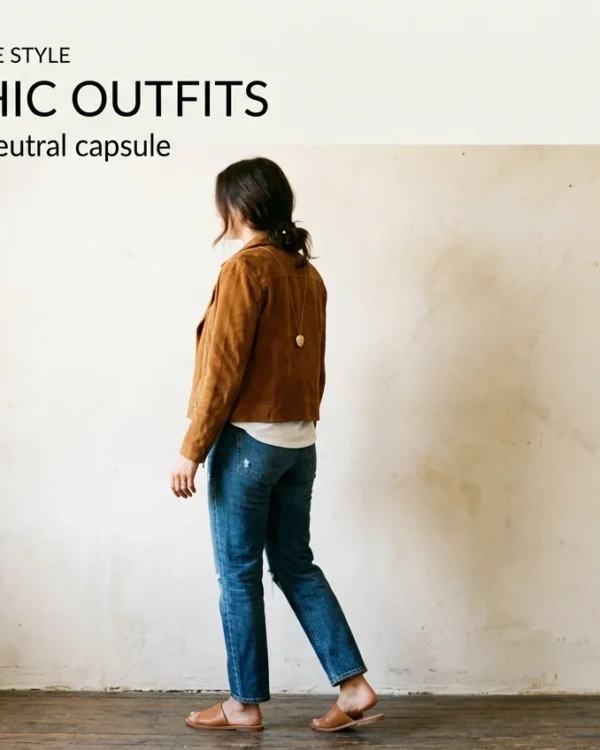 Boho chic outfit with caramel suede jacket, white tee, and straight indigo jeans