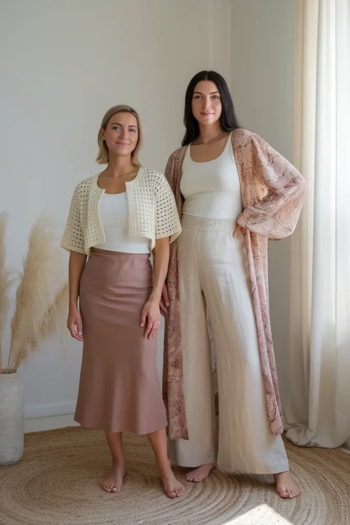 Boho chic outfits styled for petite and tall proportions with tiered skirt and long duster