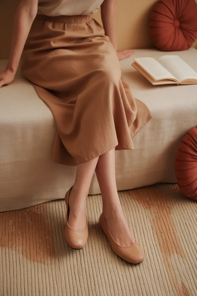 Bone ballet flats worn with a camel midi skirt in soft side window light