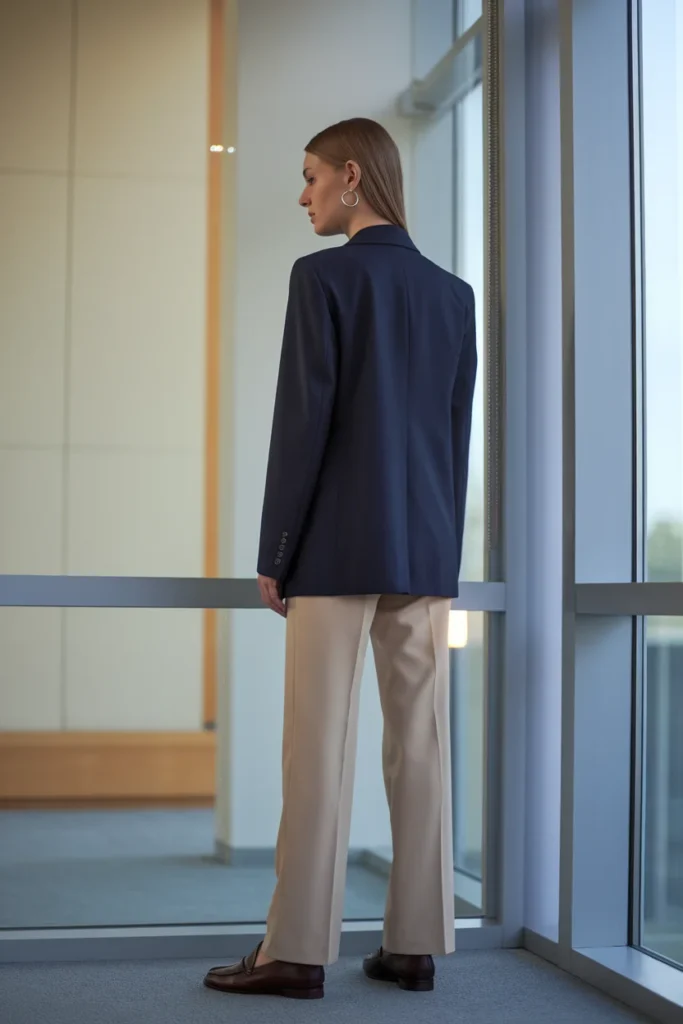 Bone white tailored trousers styled with a navy blazer and espresso loafers for the office