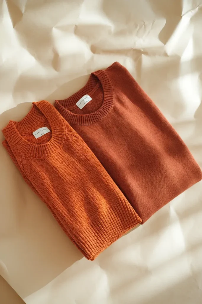 Bright orange knit next to a muted terracotta knit showing autumn chroma difference