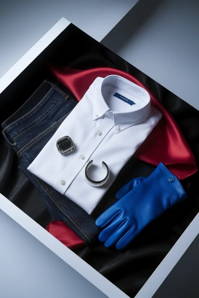 Bright winter color season palette in stark white, true red, cobalt and dark rinse denim