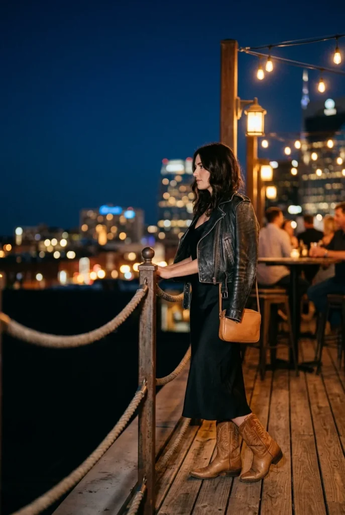 Broadway Nashville outfit at night, black slip dress with western boots and leather jacket