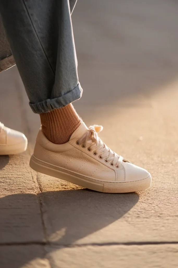 Broken-in cream sneakers and thin socks, the most comfortable shoes for Disneyland