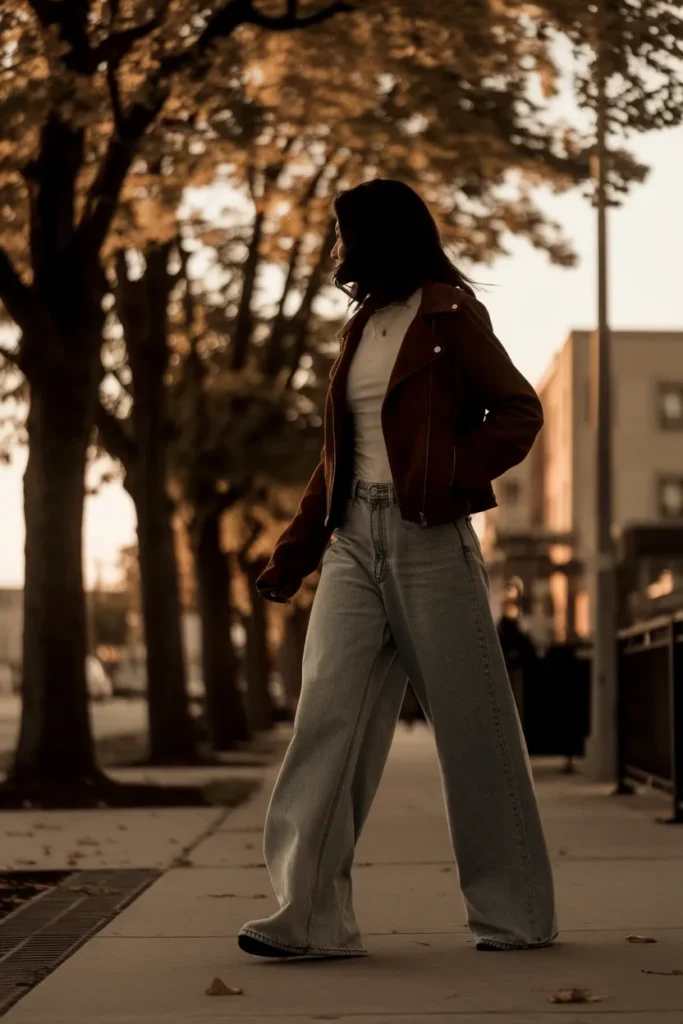 Brown ankle boots outfit for fall baggy mid-wash jeans, white tee, suede jacket, cognac boots