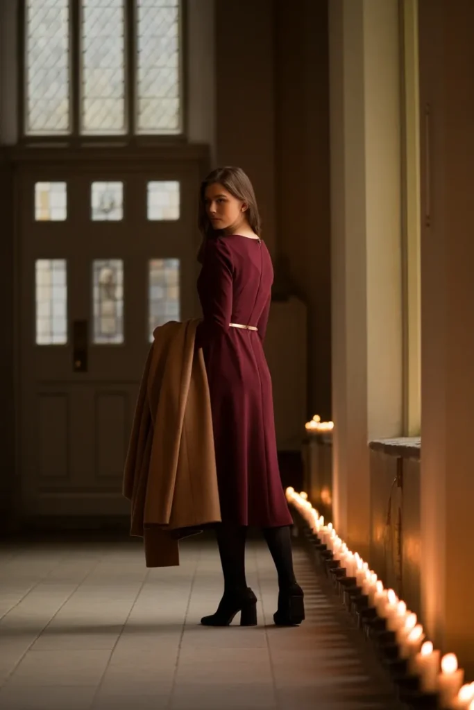 Burgundy midi dress with a gold belt and camel coat, a modest winter church outfit for holidays