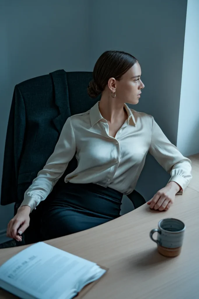 Business professional office siren outfit with buttoned silk shirt and pencil skirt at a desk