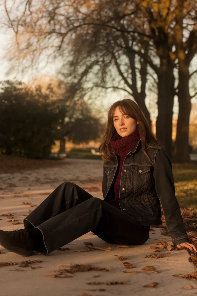 Buttoned denim jacket layered over a vest and scarf at 50 degrees