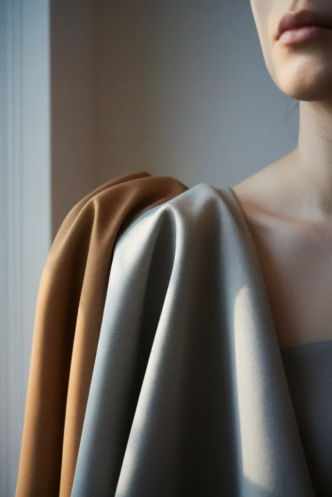 Camel and slate fabric drapes held at the jawline in daylight to test color season at home