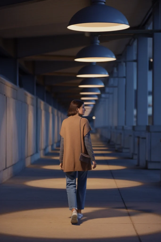 Camel cardigan and striped tee outfit for a cool-weather night baseball game