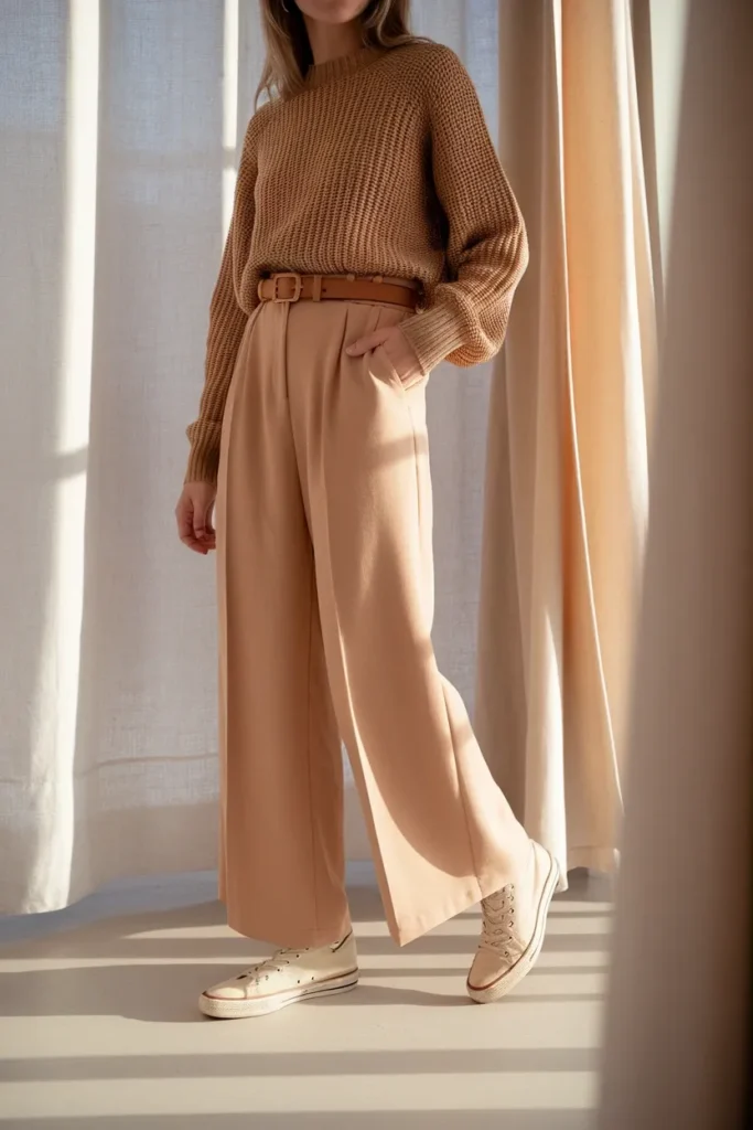 Camel knit tucked into oat wide-leg trousers with cream Converse low tops