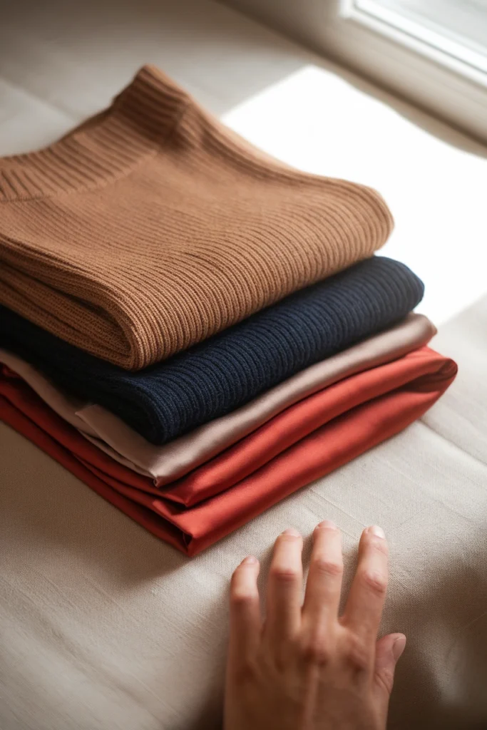 Camel, navy, terracotta and red fabrics compared for choosing a first date outfit color