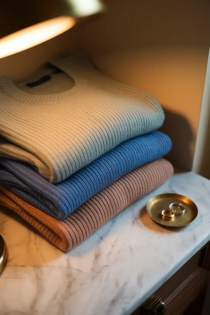 Camel, sapphire, and sage knits stacked to show headshot colors by skin undertone.