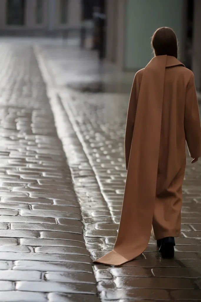 Camel scarf coat wrapped at the shoulder, winter 2026 coat trend for a capsule wardrobe