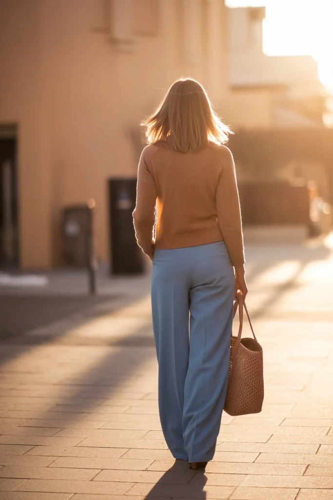 Camel sweater with cool blue trousers showing how to wear an off palette color