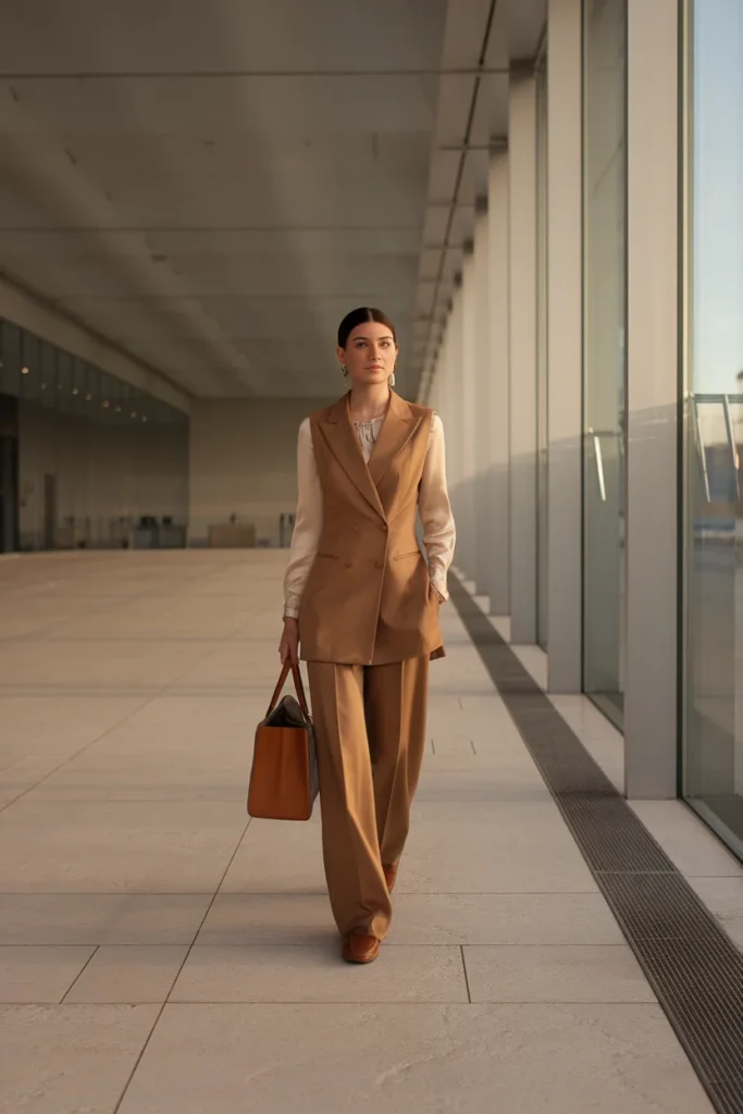 Camel tailored vest with matching wide-leg trousers and a tote styled for business casual work