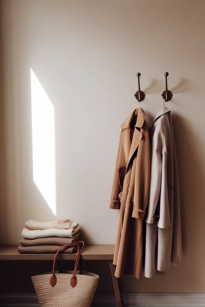 Camel trench and oat wool coat on brass hooks above folded neutral basics for a capsule wardrobe.