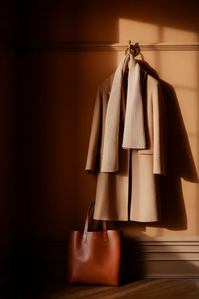 Camel wool coat and cream scarf on a brass hook in warm golden hour light