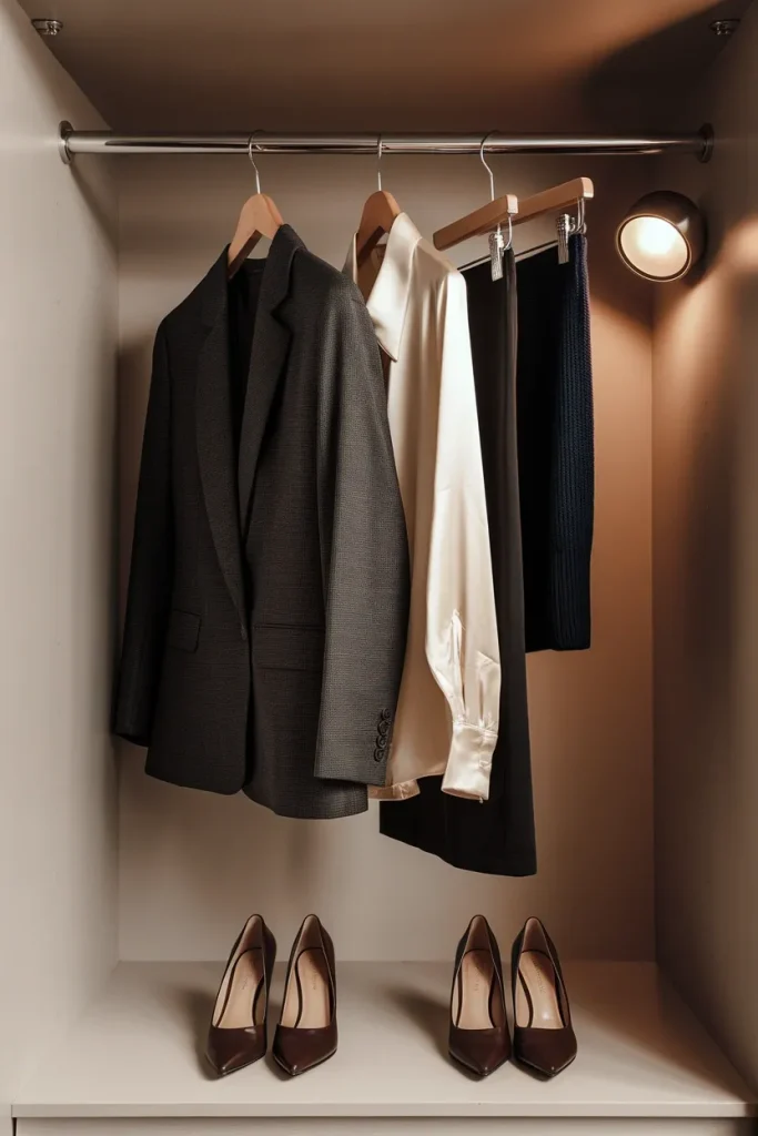 Capsule closet rail with charcoal blazer, silk shirt, pencil skirt, and kitten heels
