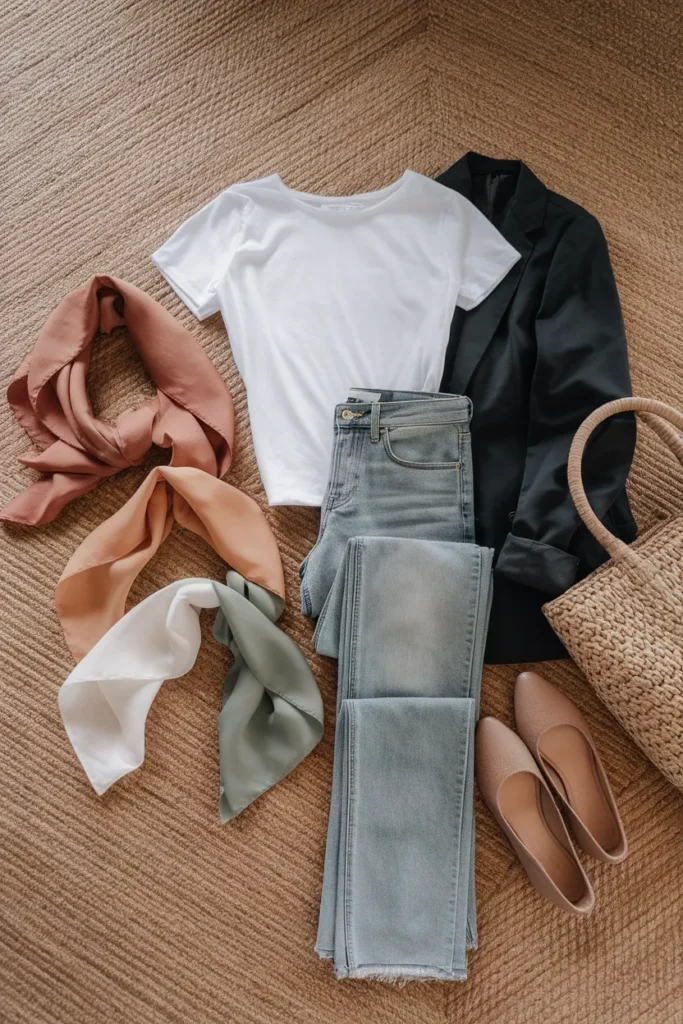 Capsule outfit flat lay with four scarf options showing how to style a scarf with basic pieces
