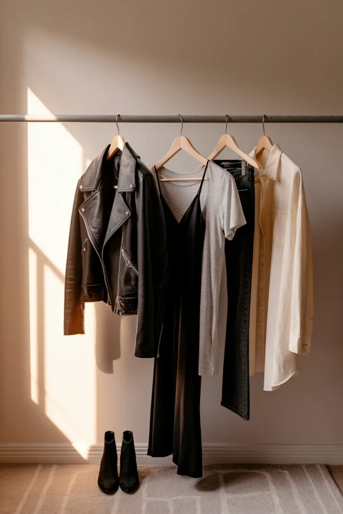 Capsule wardrobe rail holding the five neutral pieces that build indie sleaze outfits