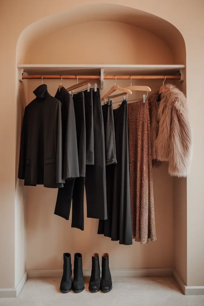 Capsule wardrobe rail with black basics plus leopard skirt and faux fur coat