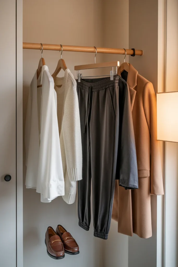 Capsule wardrobe rail with black joggers, button-down, knit, blazer and camel coat on wooden hangers