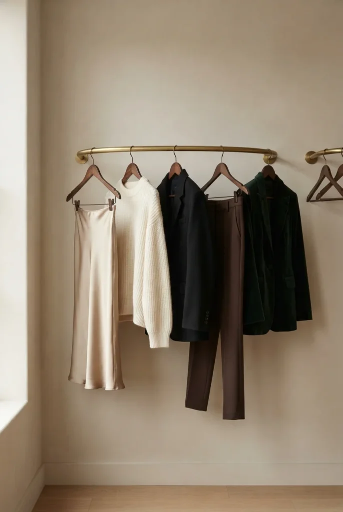 Capsule wardrobe rail with slip skirt, knit, blazer, and velvet jacket that rewear after New Year's Eve.