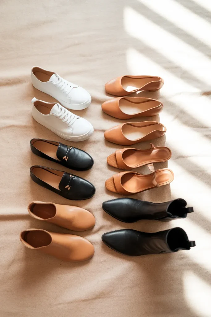 Capsule wardrobe shoes flat lay with seven neutral pairs on oat linen background