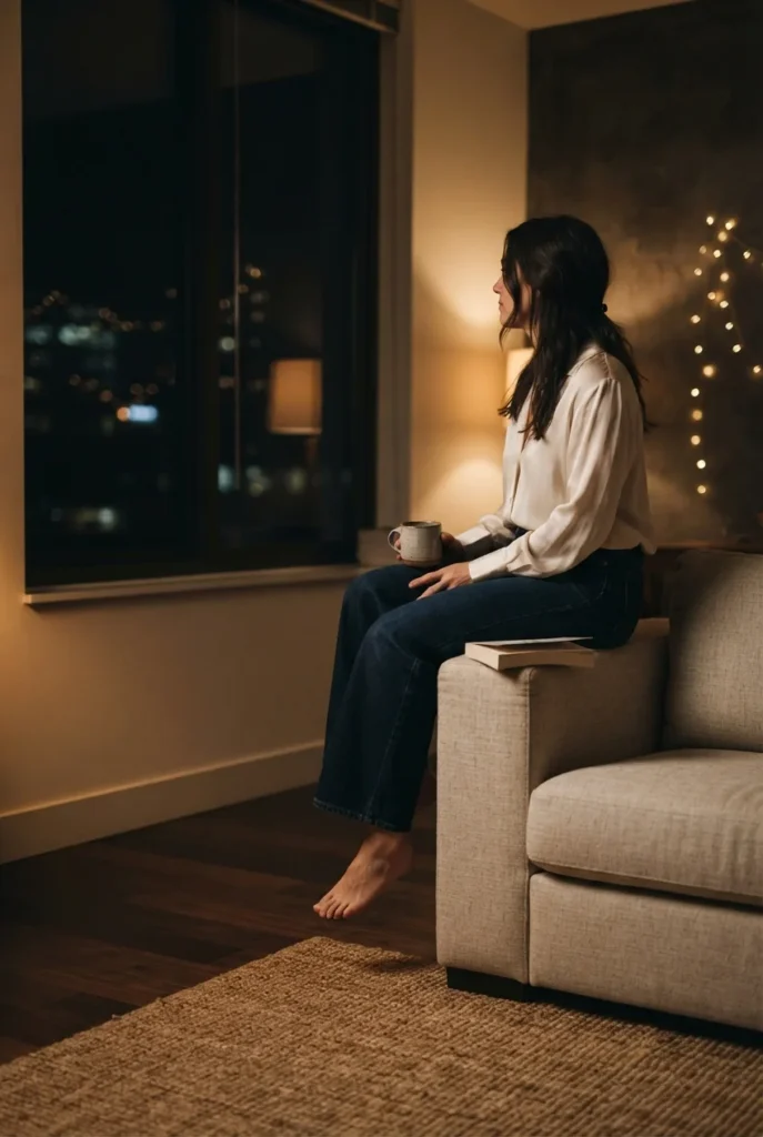 Casual New Year's Eve outfit with dark wide-leg jeans and an ivory silky blouse at a house party.