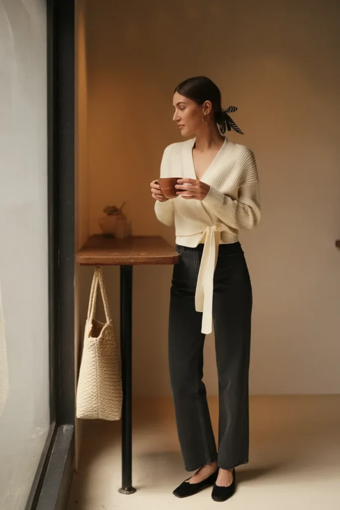 Casual balletcore outfit with jeans, cream wrap cardigan and black ballet flats