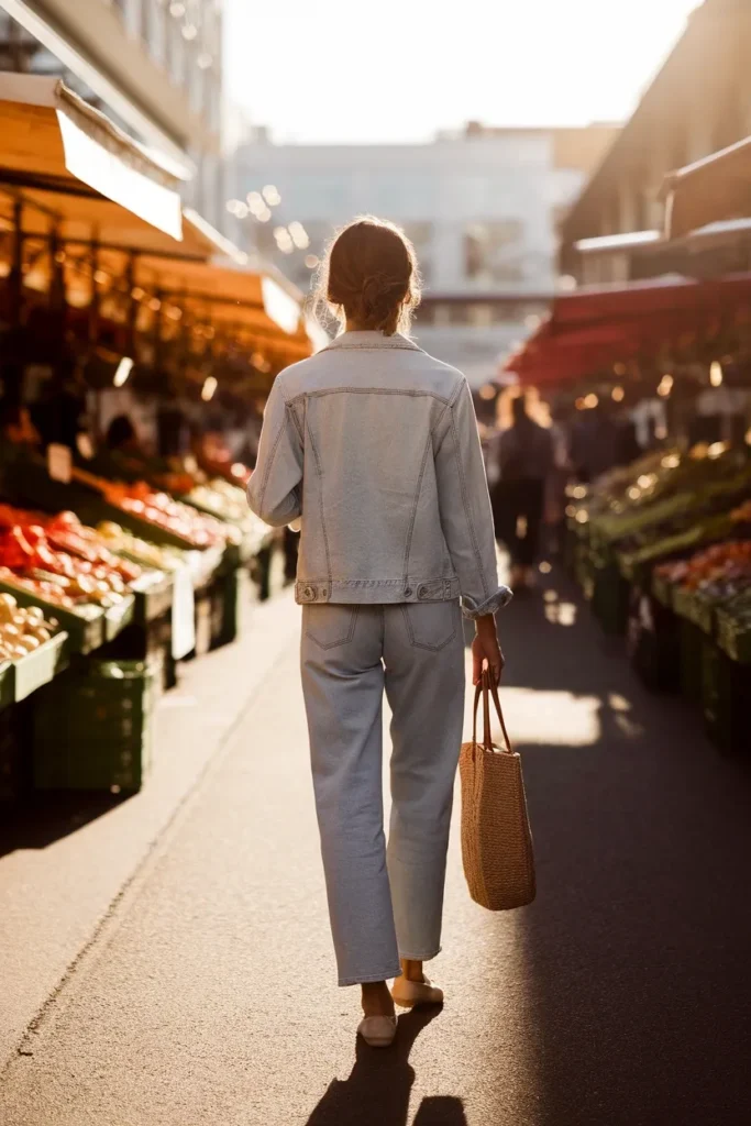 Casual walking date outfit with relaxed jeans, denim jacket and flats at an outdoor market