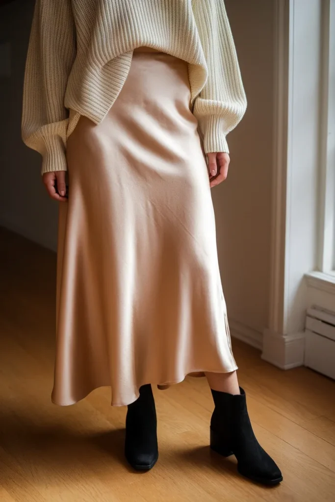 Champagne satin slip skirt with chunky knit sweater styled for daytime in fall 2026