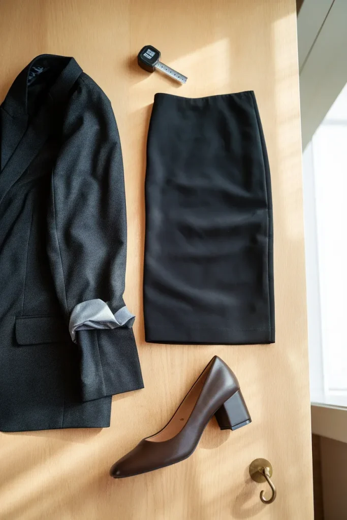 Charcoal blazer, black pencil skirt, and espresso block heel folded on oak, the three pieces worth buying