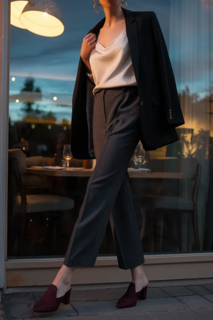 Charcoal grey trousers styled for evening with silk camisole, black blazer, and burgundy mules