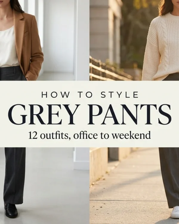 Charcoal grey trousers styled two ways, office with camel blazer and weekend with cream knit