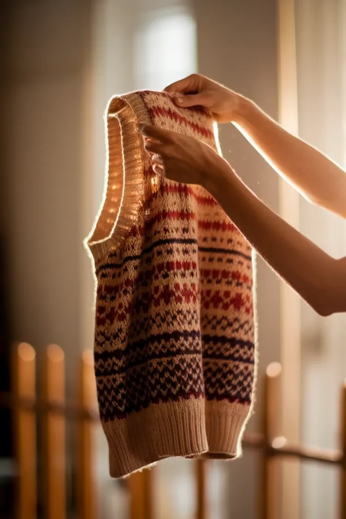 Checking a vintage fair isle knit vest against the light while thrifting eclectic grandpa pieces