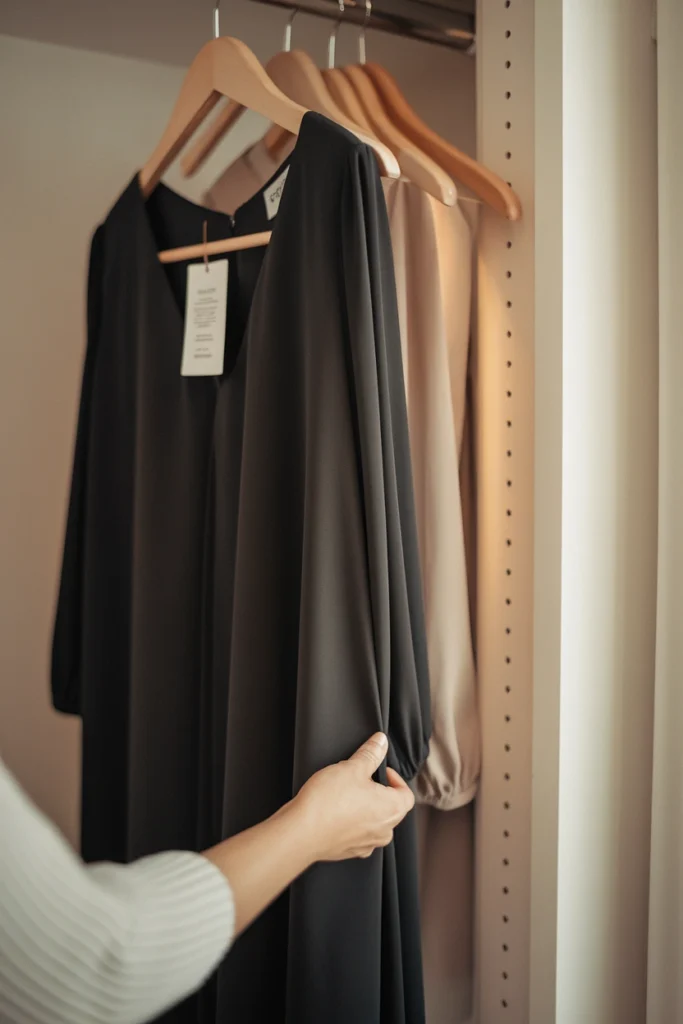 Checking the fabric composition tag inside a black crepe midi dress in window light