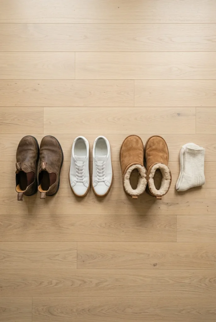 Chelsea boots, white sneakers and shearling boots for a hockey game with wool socks.
