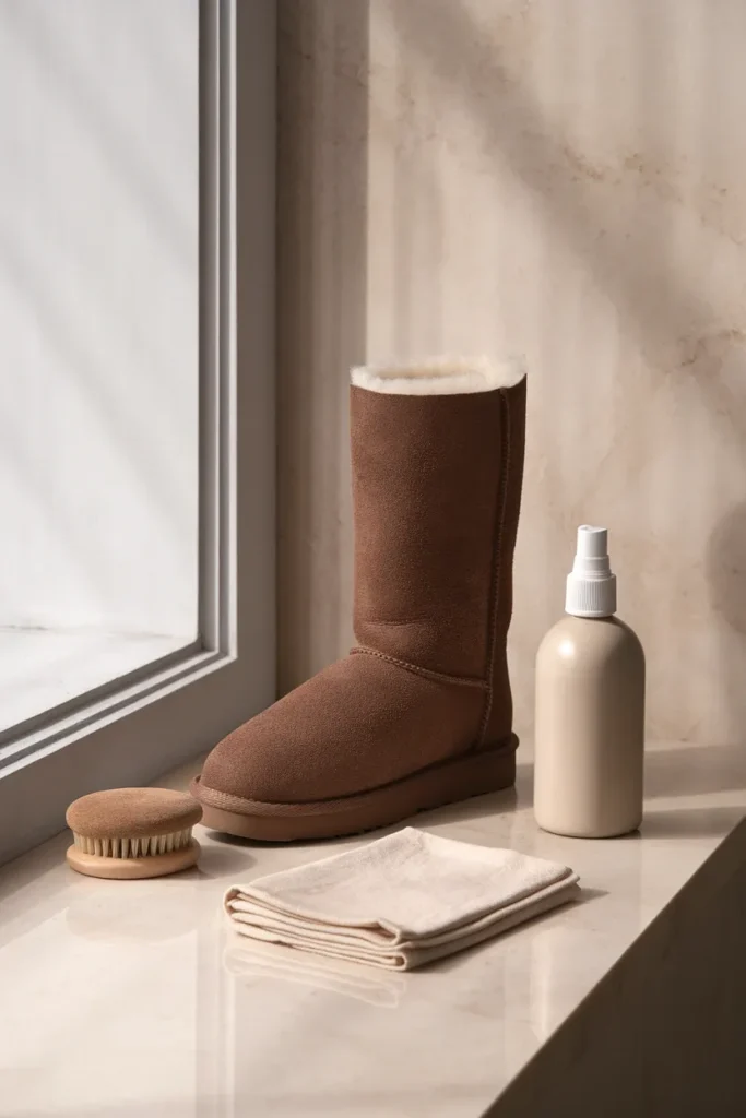 Chestnut Ugg boot beside a suede brush and cloth on marble in warm lamplight for seasonal care
