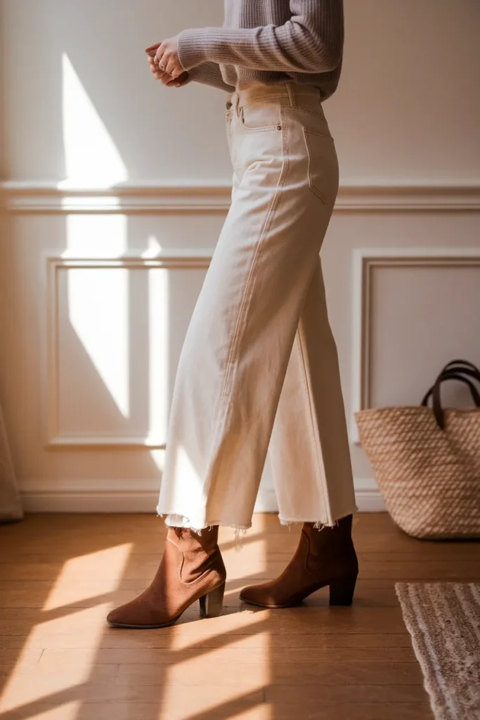 Chestnut ankle Uggs styled with cream wide leg jeans on hardwood floors in warm side light
