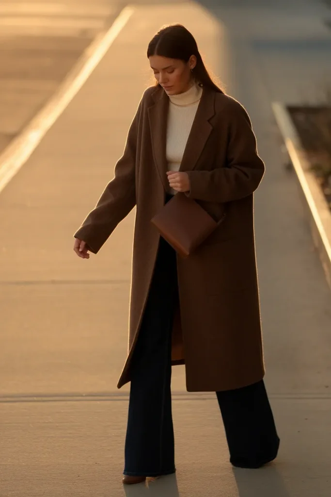 Chocolate brown wool coat over cream turtleneck and bootcut jeans, winter fashion trends 2026