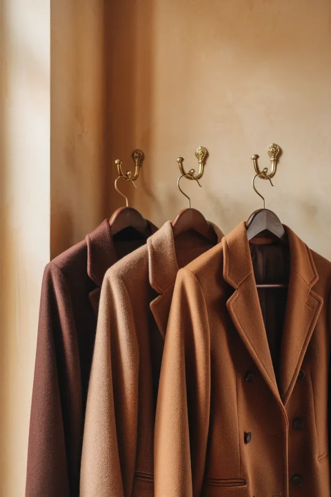 Chocolate, camel and espresso wool coats on brass hooks, brown winter neutral trend 2026