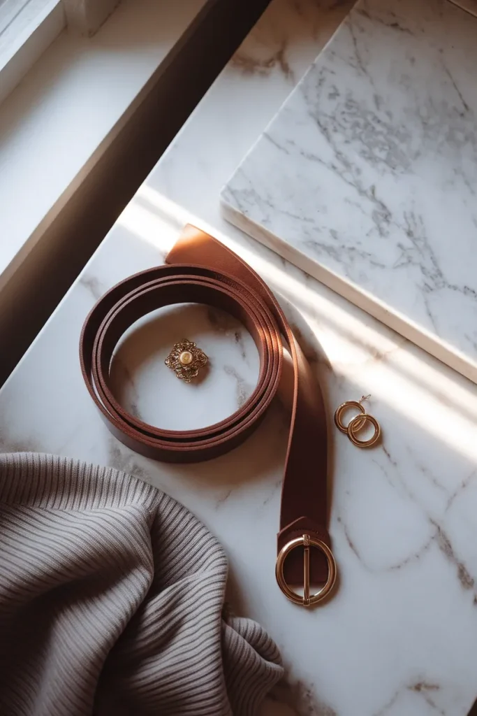 Chunky leather belt, gold brooch and hoops on marble, trending winter 2026 accessories