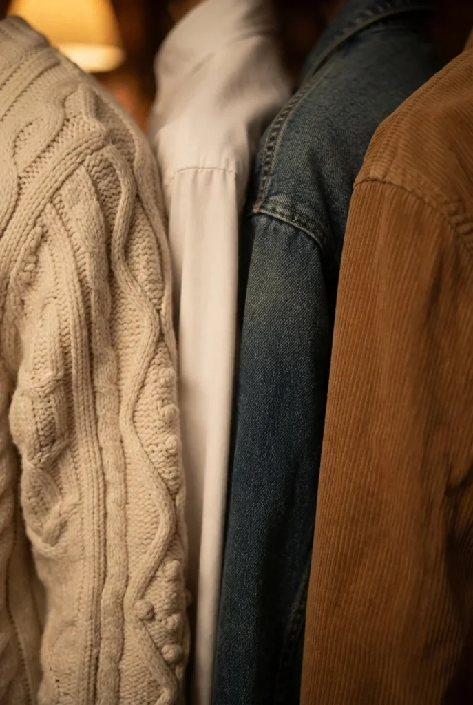 Close crop of cream cable knit, white cotton, indigo denim, and camel corduroy fabrics side by side