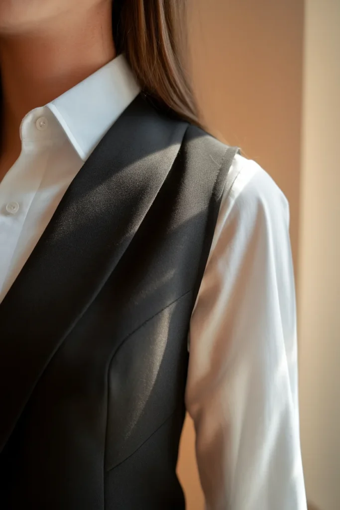 Close detail of a tailored vest shoulder seam and armhole showing correct fit over a white shirt