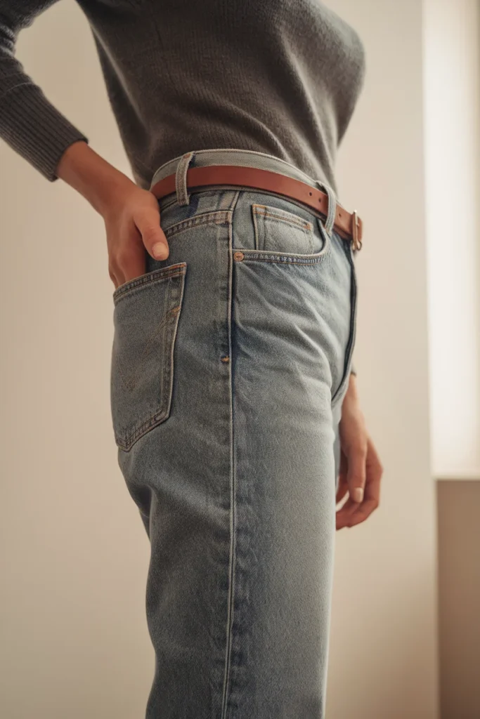 Close up of a high rise mom jean waistband fit check with a tucked black knit