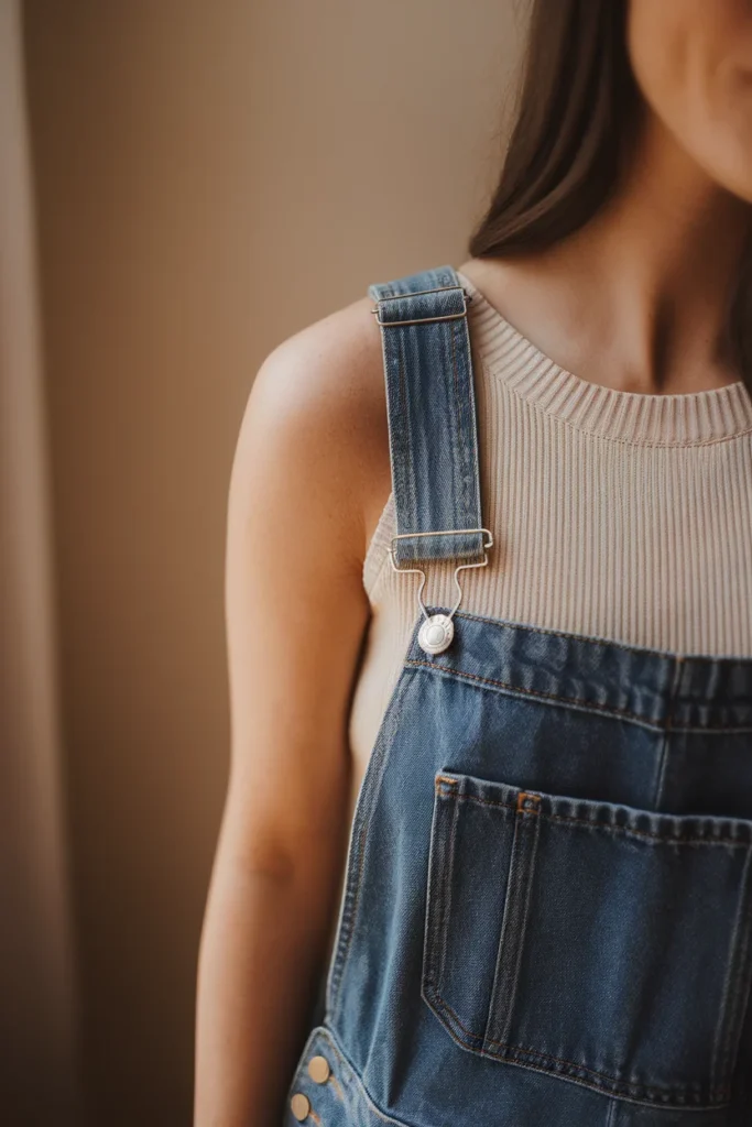 Close up of denim overall strap and buckle showing correct bib fit over a cream knit