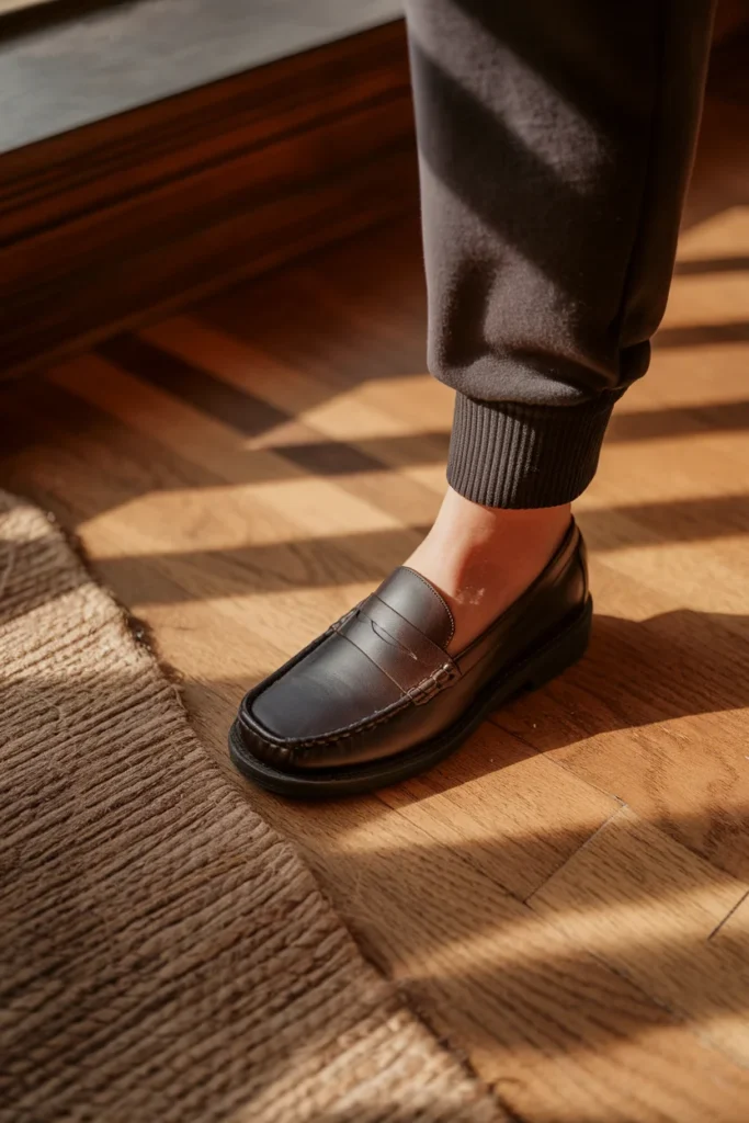 Close-up of jogger cuff sitting above the ankle bone with espresso leather loafers