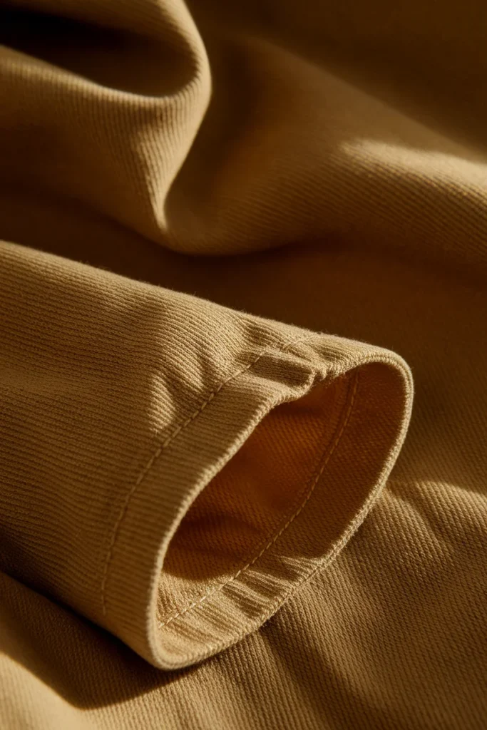 Close-up of matte cotton twill khaki fabric showing diagonal weave and soft crease